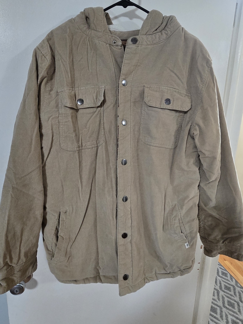 Hang Ten Corduroy Sherpa Lined Hooded Jacket Men's Large Tan Snap Front Coat